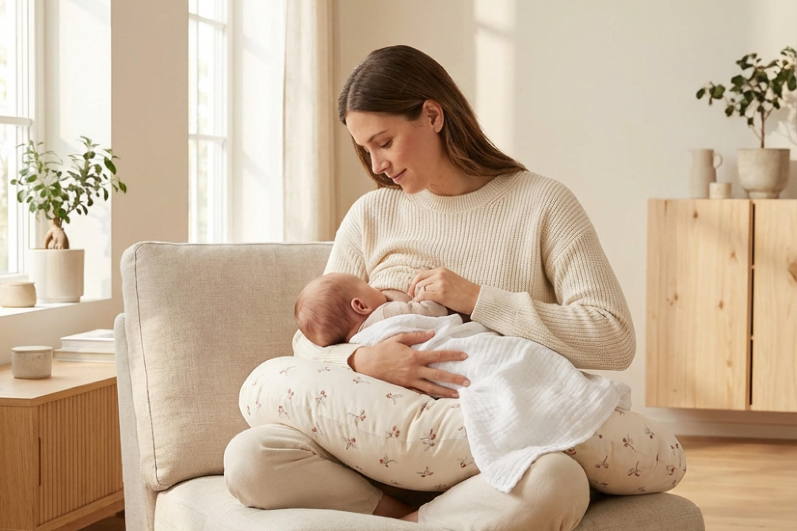 Frau sitzt auf einem Sessel und hält ein Baby in einem Stillkissen auf dem Schoß in einem hellen, gemütlichen Wohnzimmer.