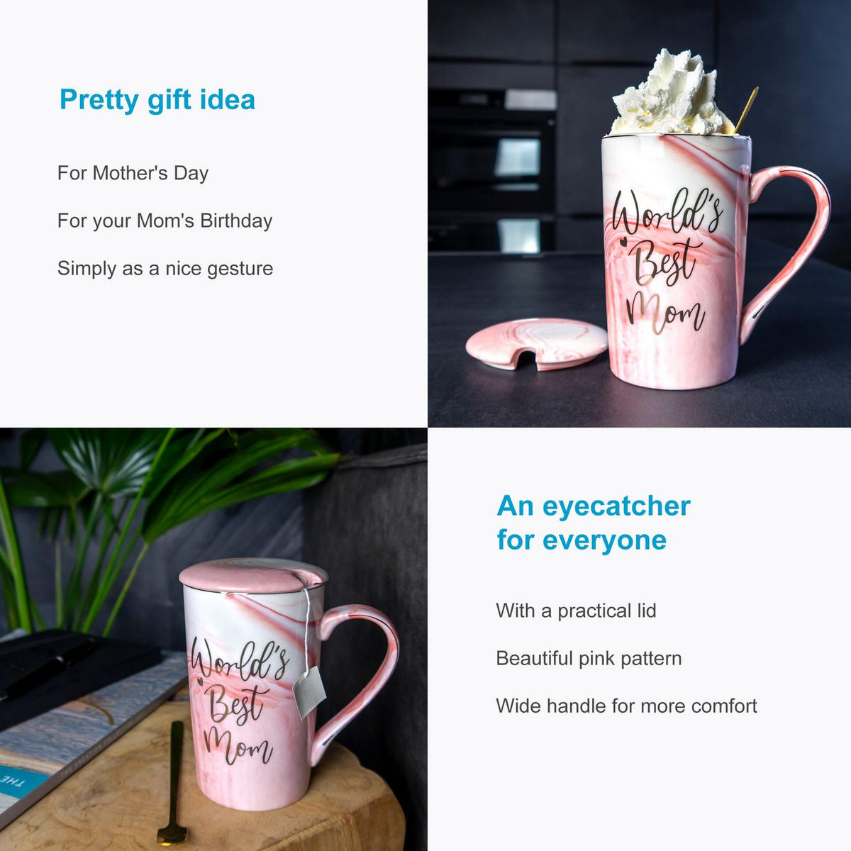 KAFFETASSE mit Deckel Muttertags Geschenk 280 ml - Rosa, Keramik (0.28L) - Intirilife