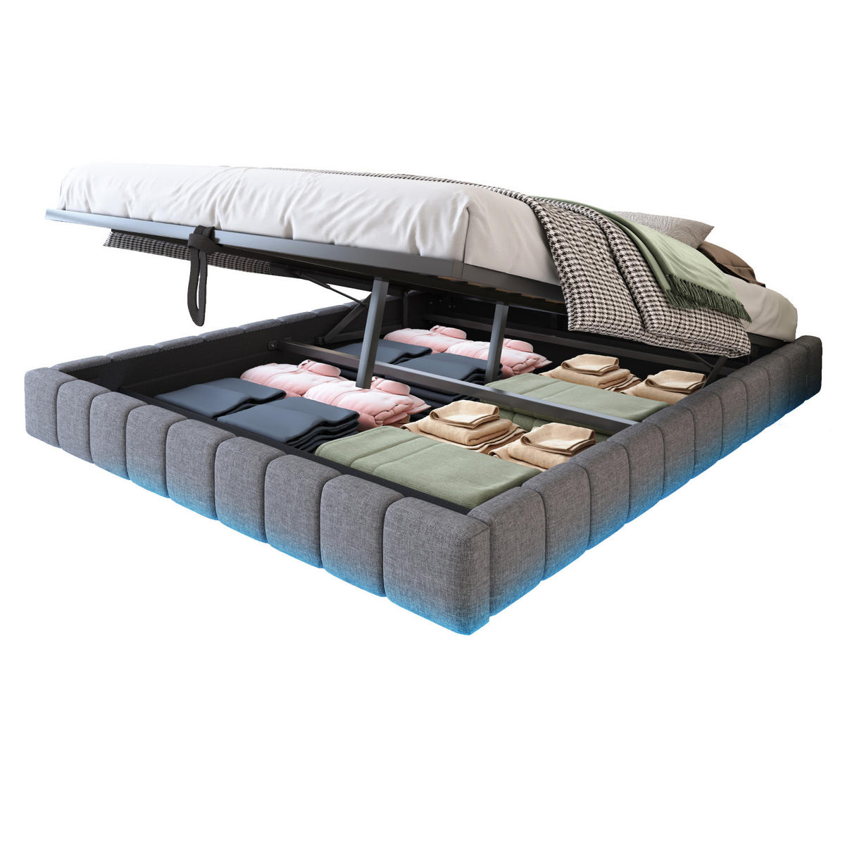 POLSTERBETT 160/200 cm mit LED-Beleuchtung und hydraulischem Bettkasten in schwebender Optik, Grau - Grau, Textil (160/200cm) - Redom
