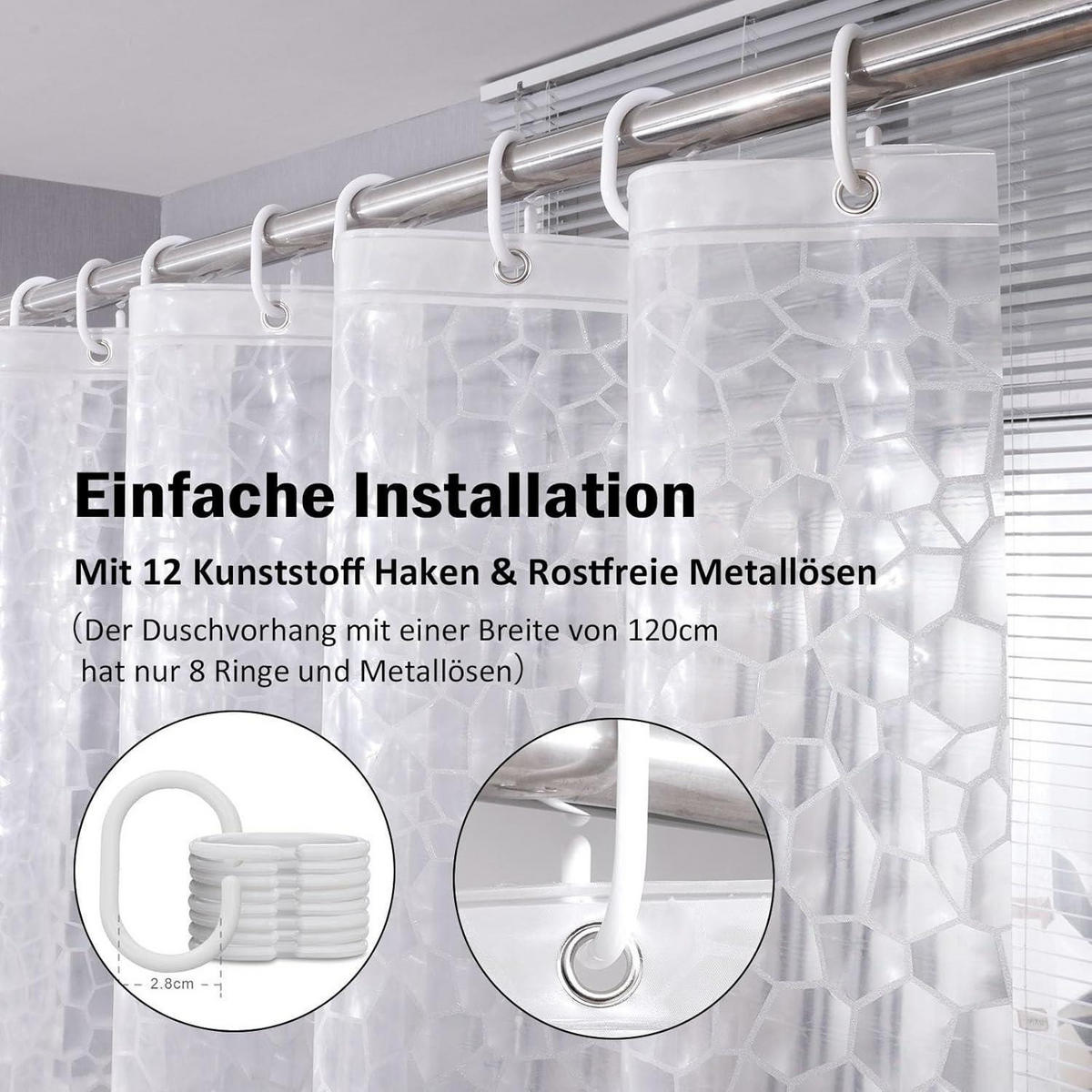 DUSCHVORHANG transparent 180 x 190 cm mit Magneten und Haken - Transparent, Kunststoff (180/190cm)