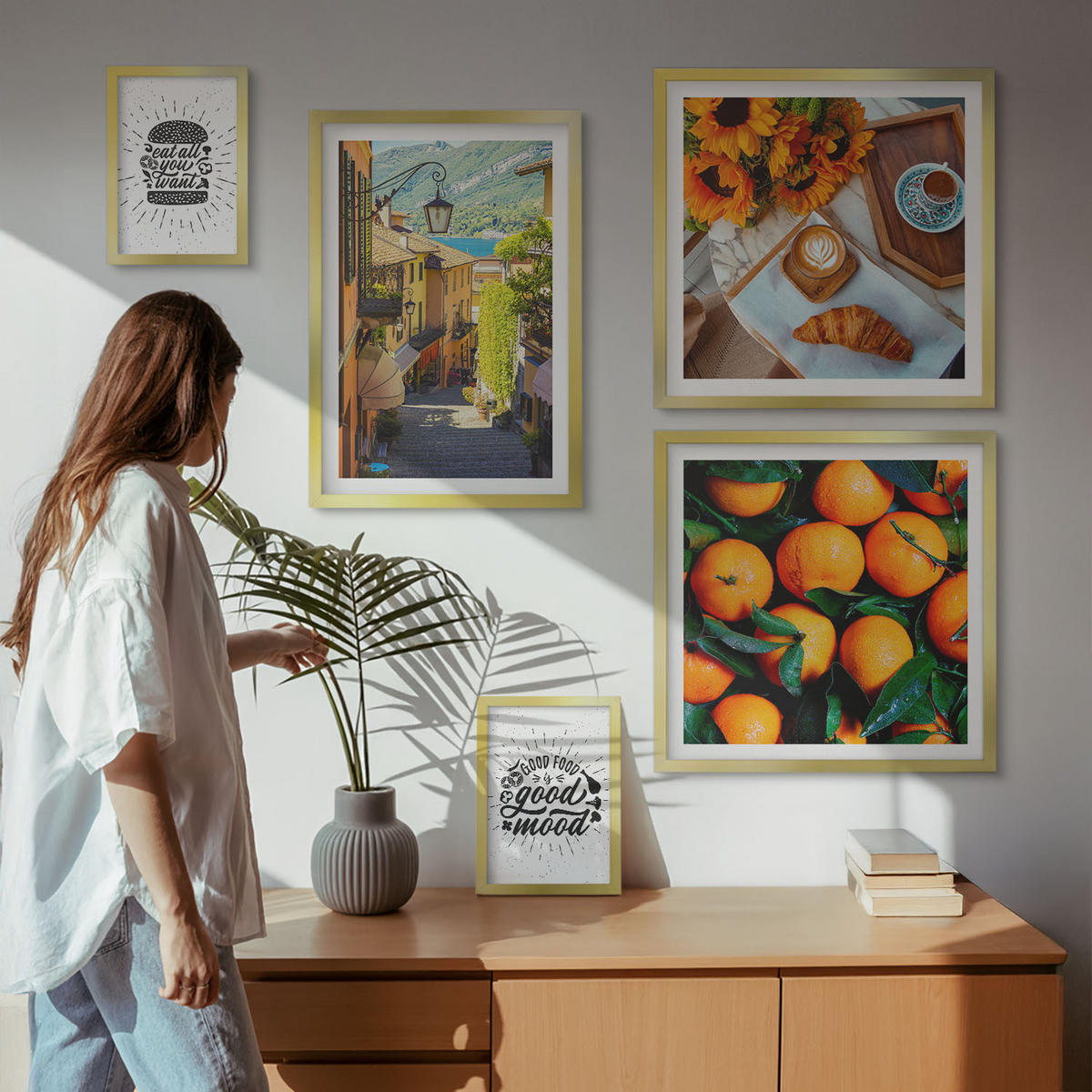 BILDER SET 5er Set - 50x50 cm & 20x30 cm & 40x60 cm Goldrahmen - Juicy Oranges Kitchen - Goldfarben, Kunststoff (40/60cm) - TULUP