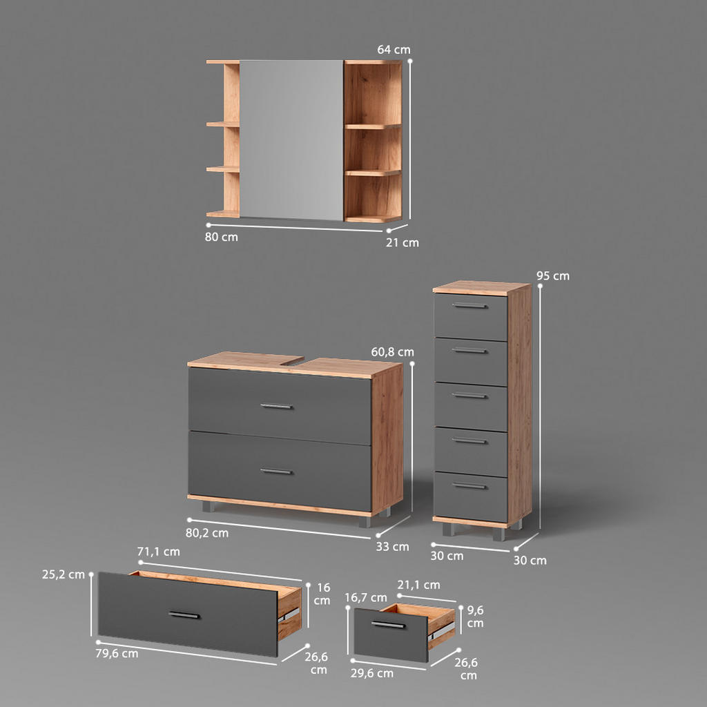 Thumbnail - Livinity® Badmöbel-Set, Anthrazit, Eiche Wotan, Holzwerkstoff, 8 Fächer, 5 Schubladen, Rechteckig, 80x60x33 cm, Badezimm...