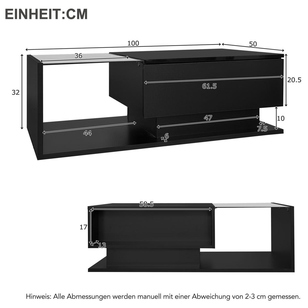 COUCHTISCH, Schwarz Hochglanz mit Glasplatte und 1 Schublade, integrierte LED‑Steuerung, 100/50/32 cm,Schwarz - Schwarz, Holzwerkstoff (100/50/32cm) - Redom