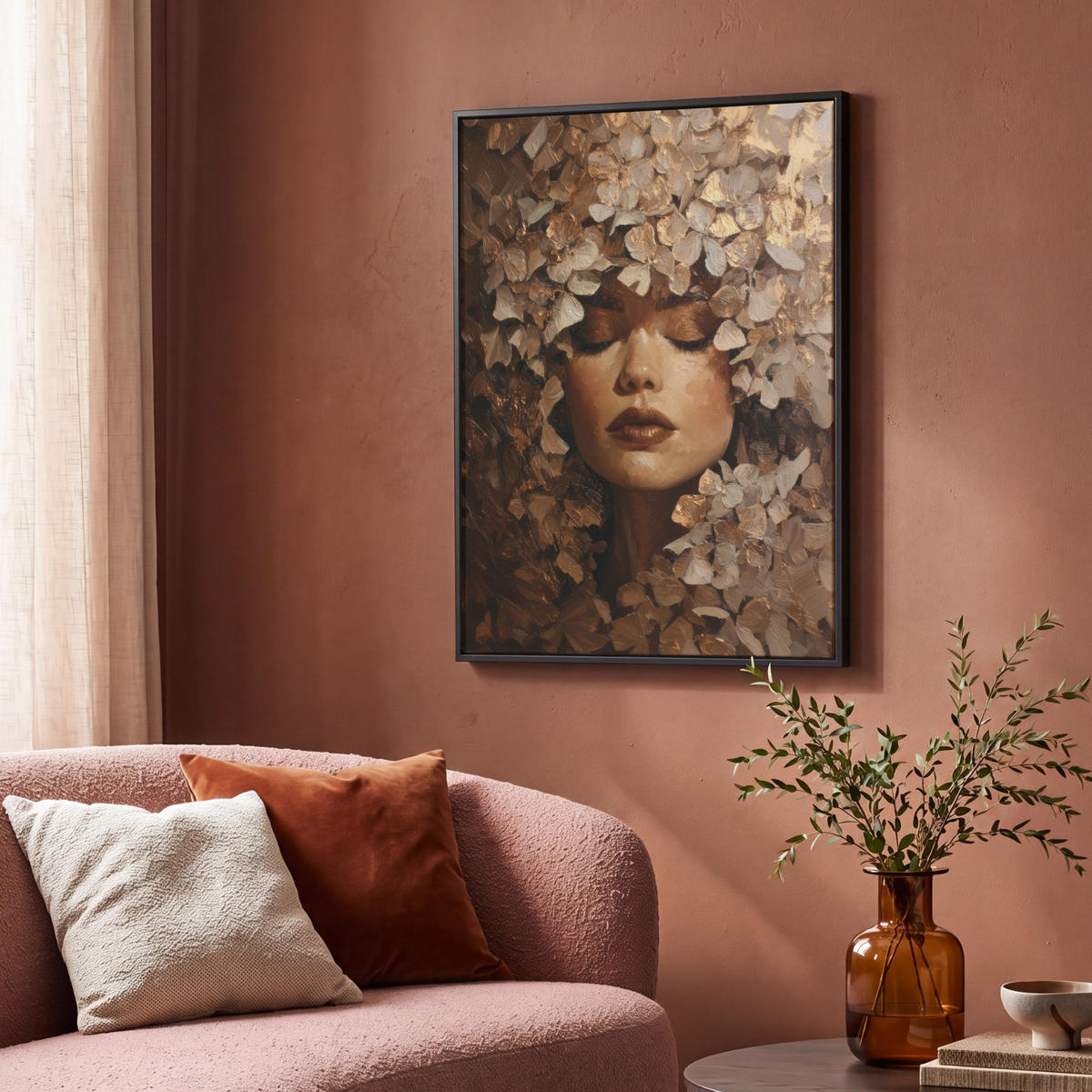 LEINWAND Bilder mit Rahmen - Gesicht - Dame - Blätter - Pinselstriche - 70x100 - Goldfarben, Textil (70/100cm) - MuchoWow