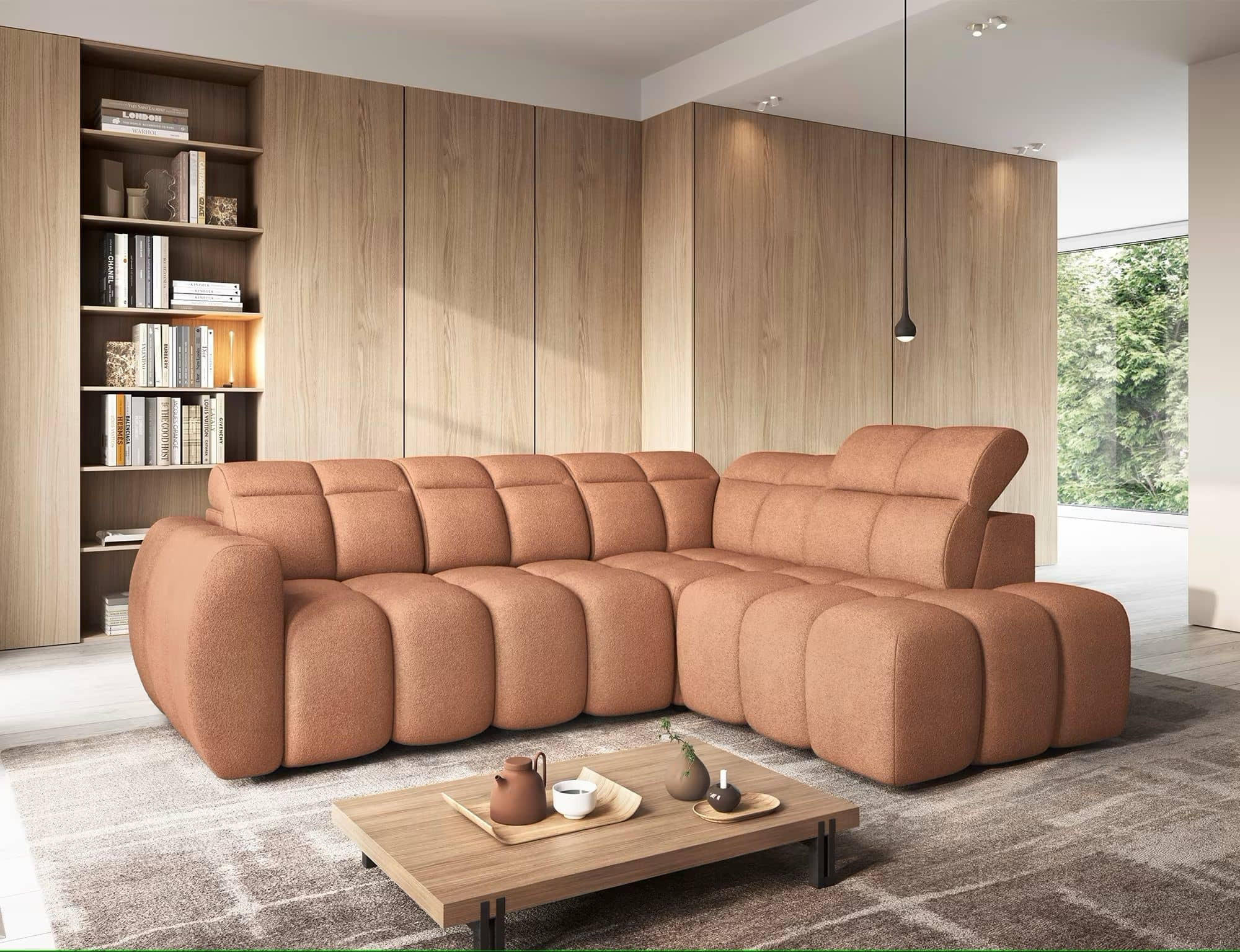 ECKSOFA mit elektrischem Sitzvorschub, Bettkasten und verstellbare Kopflehnen - Kupferfarben, Naturmaterialien/Textil (208/258cm) - Eltap