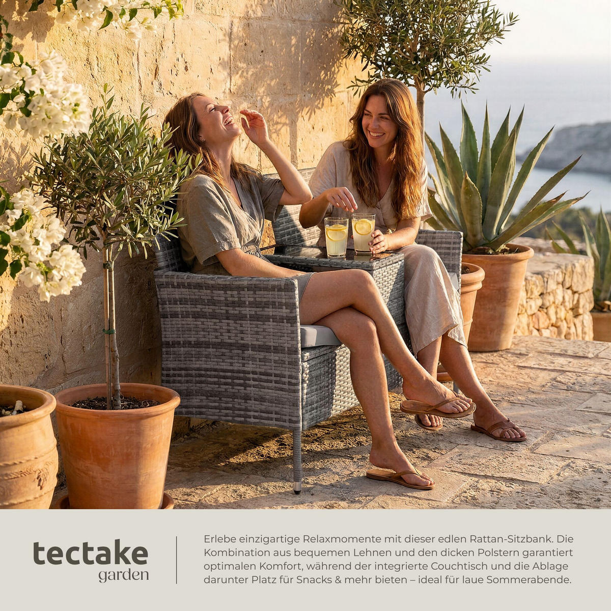 RATTAN GARTENSITZBANK Narbonne, 6 cm Sitzpolster, grau/hellgrau - Grau, Kunststoff (61/82/131cm) - tectake