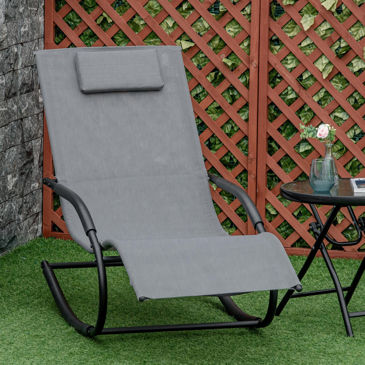 GARTENSCHAUKELSTUHL DE-15254 ergonomisch mit Kopfstütze und Armlehnen Grau - Grau, Metall (160/88/63cm) - ComfortXL