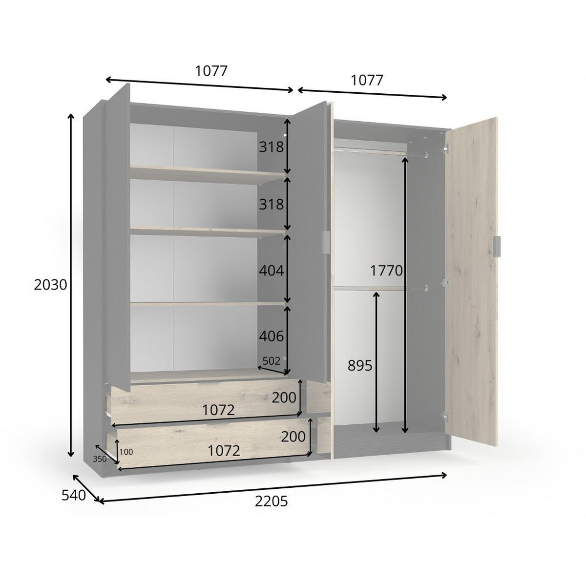 DREHTÜRENSCHRANK LAMON 220,5/203/54cm 4-türig mit Spiegel Graphit - Graphitfarben/Eiche Artisan, Holzwerkstoff (220.5/203/54cm) - MASSENO