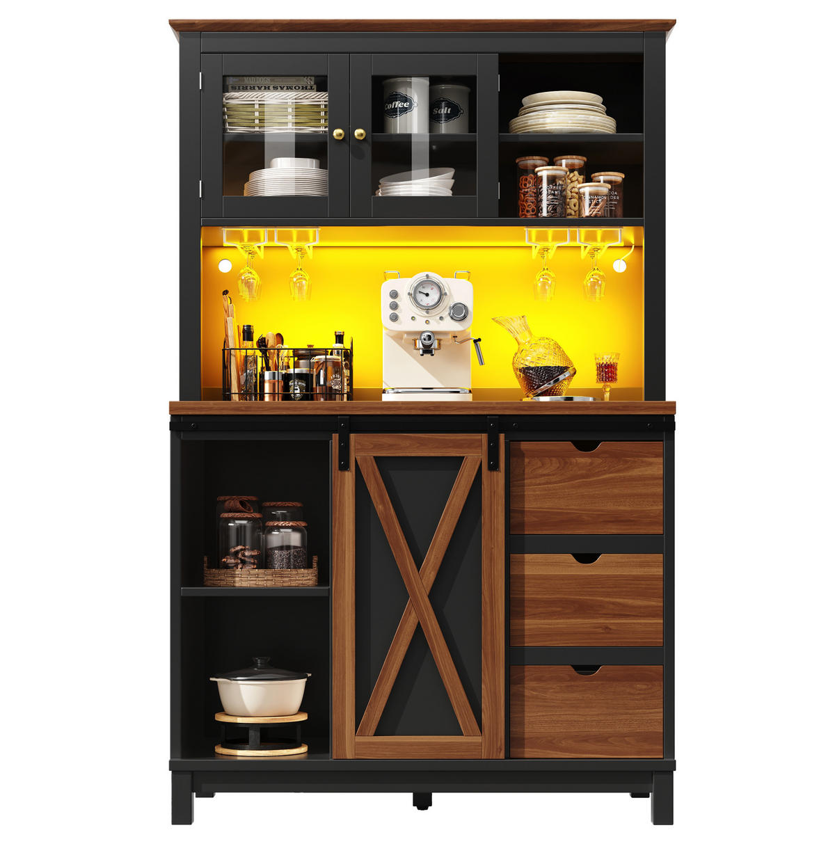 HOCHSCHRANK mit LED und Schiebetür 104 x 40 x 180 cm Schwarz Glas MDF Metall - Schwarz, Glas (40/180/104cm) - Meubliv