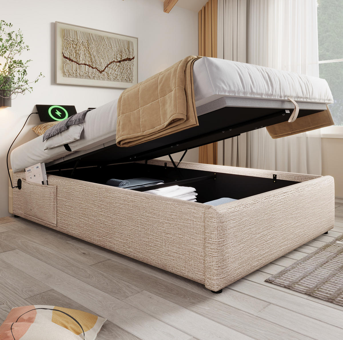 POLSTERBETT 90/200 cm aus Leinen mit Stauraum und USB- und Type-C-Anschlüssen - Beige, Textil (90/200cm) - Flora Grace