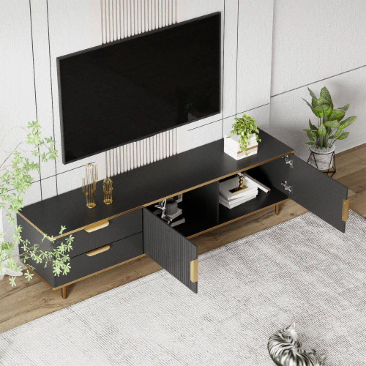 TV-SCHRANK 170/37/45 cm schwarz mit geschnitzter Struktur und goldenen Griffen - Schwarz, Holzwerkstoff (170/45/37cm) - OKWISH