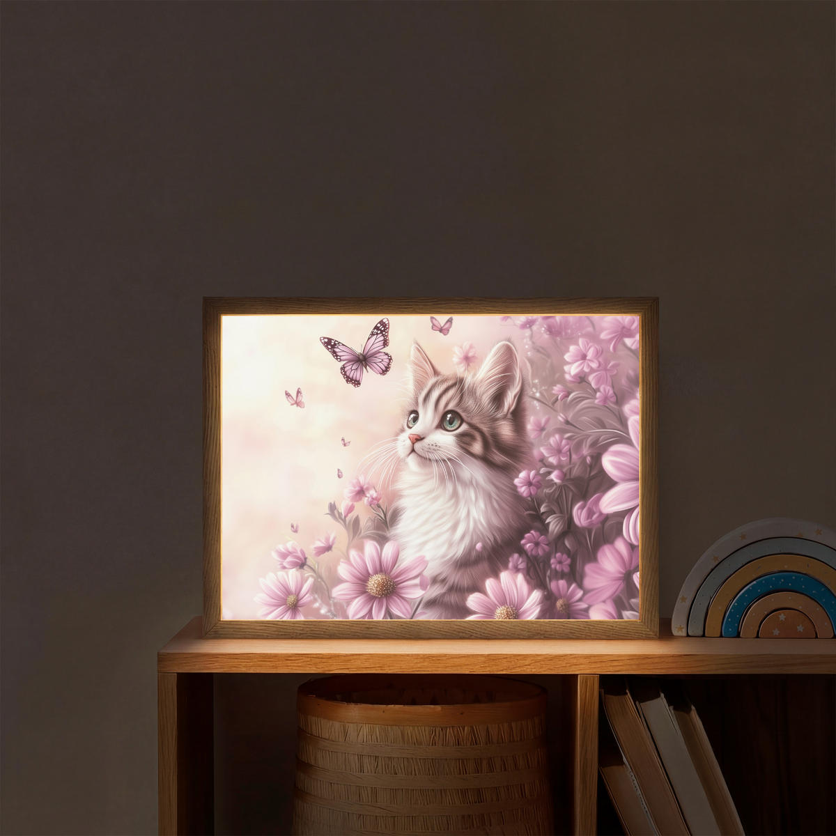 NACHTTISCHLAMPE MIT AKKU Kätzchen - Blumen - Schmetterlinge - Lila 40x30 cm - Altrosa, Holzwerkstoff (8/40/30cm) - OnlyWow