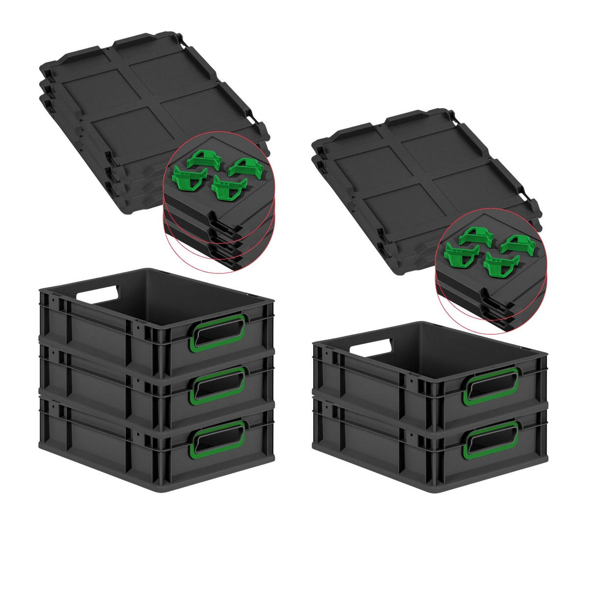 EUROBOX 5x NextGen Color mit Auflagedeckel 12x30x40 cm 11 Liter Schwarz Griffe grün offen - Schwarz/Grün, Kunststoff (30/12/40cm) - PROREGAL