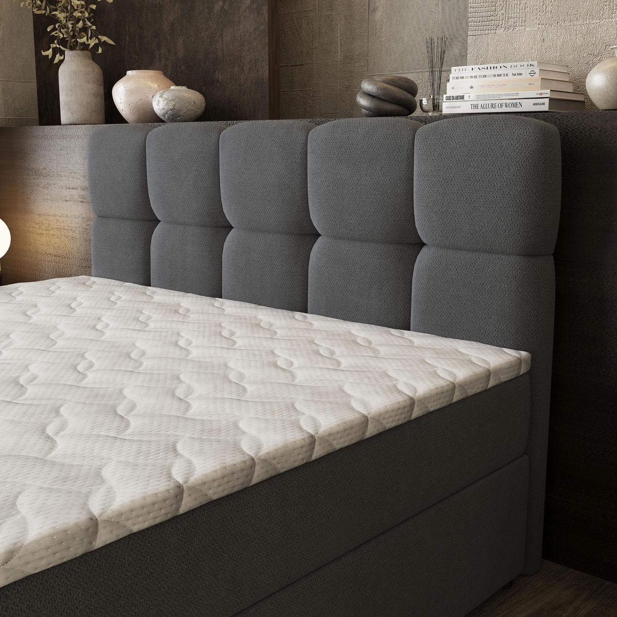 BOXBETT BRUME 180x200 cm mit Matratze und Topper, H2+H3 - Graphitfarben - Graphitfarben, Holz (180/200cm) - MASSENO