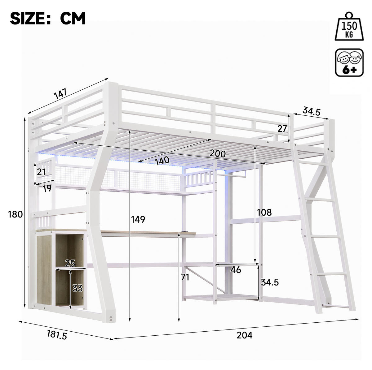 HOCHBETT 140/200 cm aus Metall/MDF mit Lichtleiste, Steckdose, Weiß - Weiß, Holzwerkstoff (140/200cm) - OKMYHOME