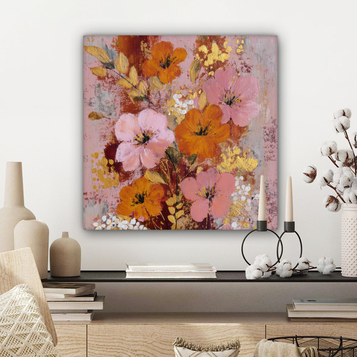 LEINWANDBILD Malerei - Blumen - Rustikal - Rosa Wandbild Wohnzimmer 50x50 cm - Altrosa, Textil (50/50cm) - MuchoWow