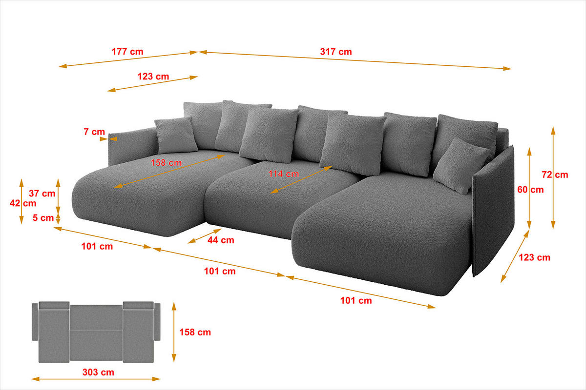 WOHNLANDSCHAFT mit Schlaffunktion und Bettkasten ONESK-U 317x177x72 Grau Bouclé - Platinfarben, Holzwerkstoff/Kunststoff (317/72/177cm) - ALTDECOR