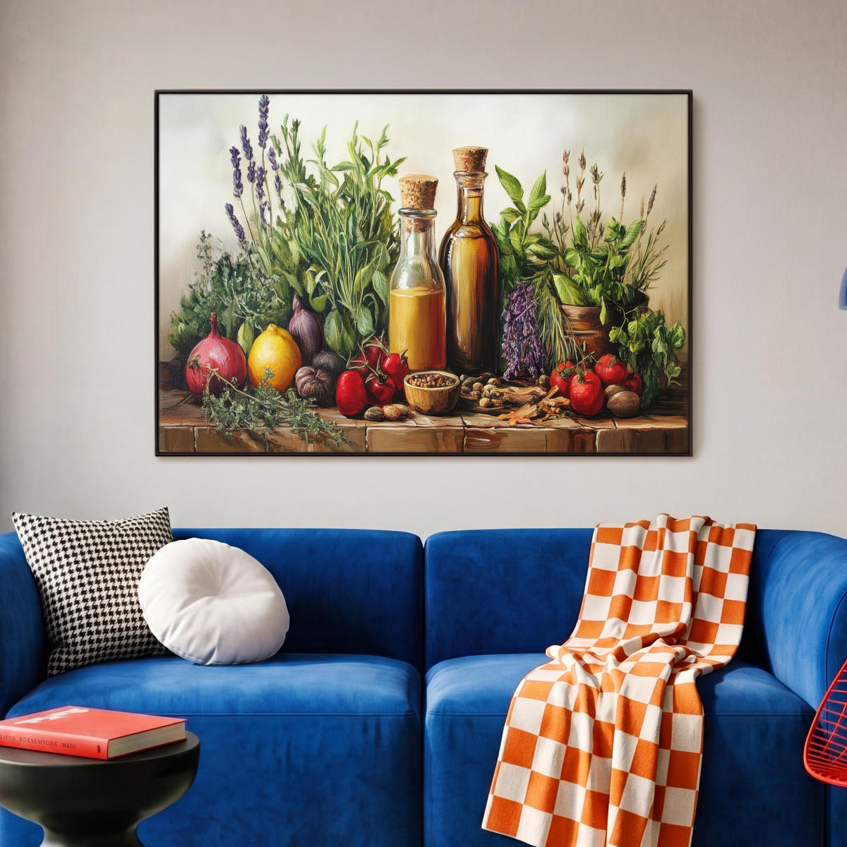 LEINWAND Bilder mit Rahmen - Stilleben - Kräuter - Gewürze - Früchte - Farbenfroh - 90x60 - Grün, Textil (90/60cm) - MuchoWow