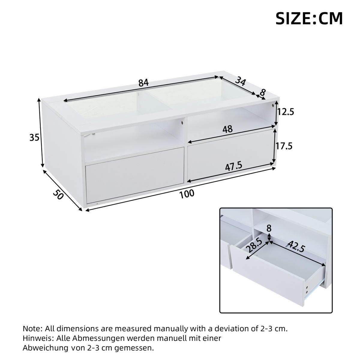 COUCHTISCH 100/50/35 cm weiß aus Glas und Spanplatte mit LED-Licht und 2 Schubladen - Weiß, Glas (100/50/35cm) - OKMYHOME
