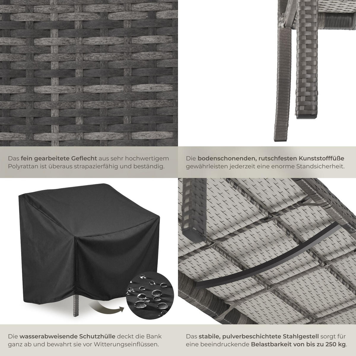 RATTAN-GARTENBANK Murat, 125 x 62,5 x 90 cm, inklusive Schutzhülle, grau - Grau, Kunststoff (125/90/62.5cm) - tectake