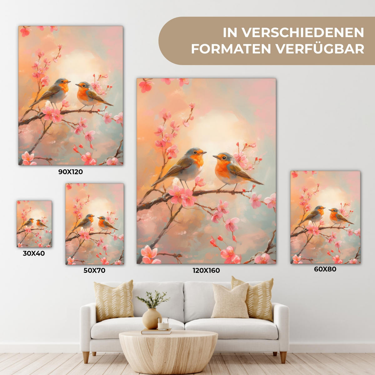 LEINWANDBILD Rotkehlchen - Zierpflanze - Blütenzweig 30x40 cm - Hellrosa, Textil (30/40cm) - MuchoWow