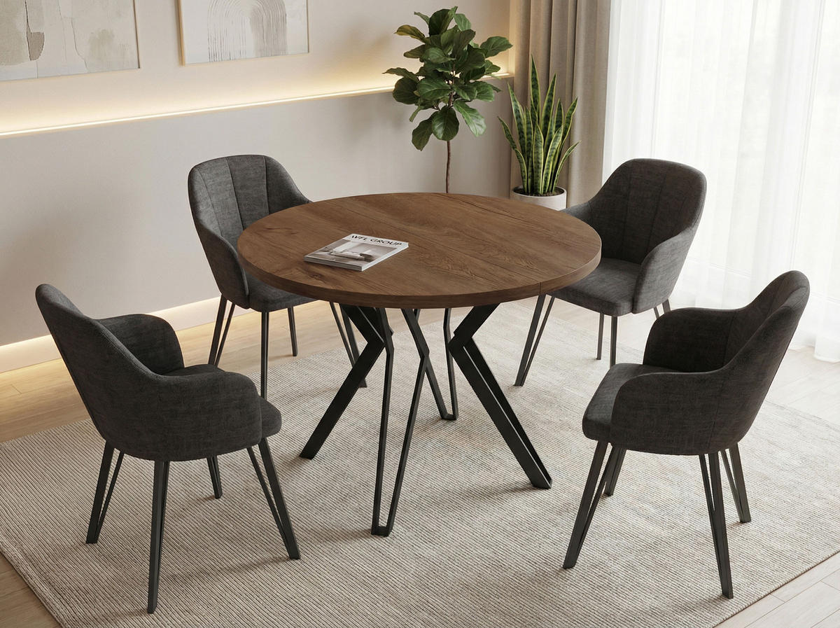 ESSTISCH Revena runder ausziehbarer, Lefkas Eiche 120-200/120/76 cm - Alteiche/Schwarz, Holzwerkstoff/Metall (120/120/76cm) - WFL GROUP