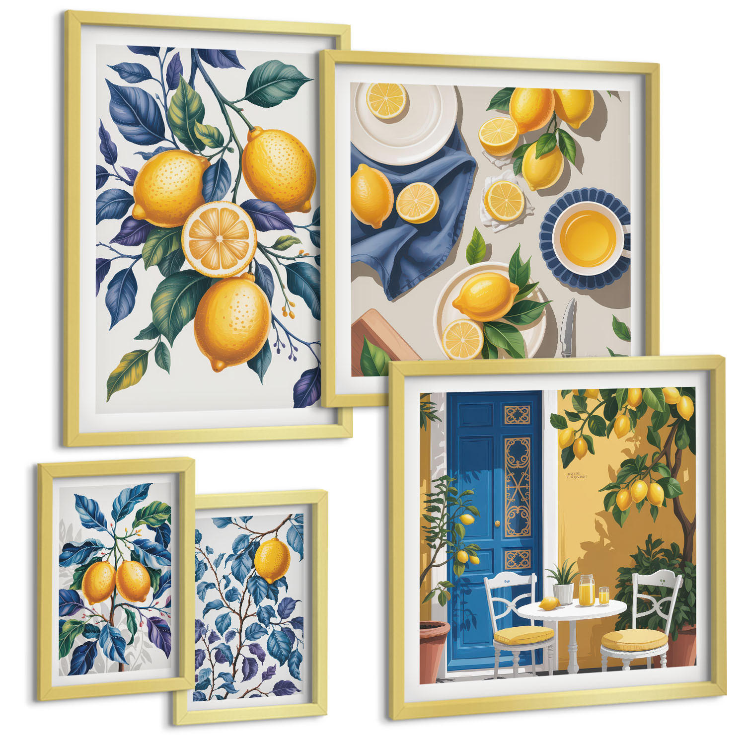 BILDER SET 5er Set - 50x50 cm & 20x30 cm & 40x60 cm Goldrahmen - Grüne Oliven, Eukalyptus - Goldfarben, Kunststoff (40/60cm) - TULUP