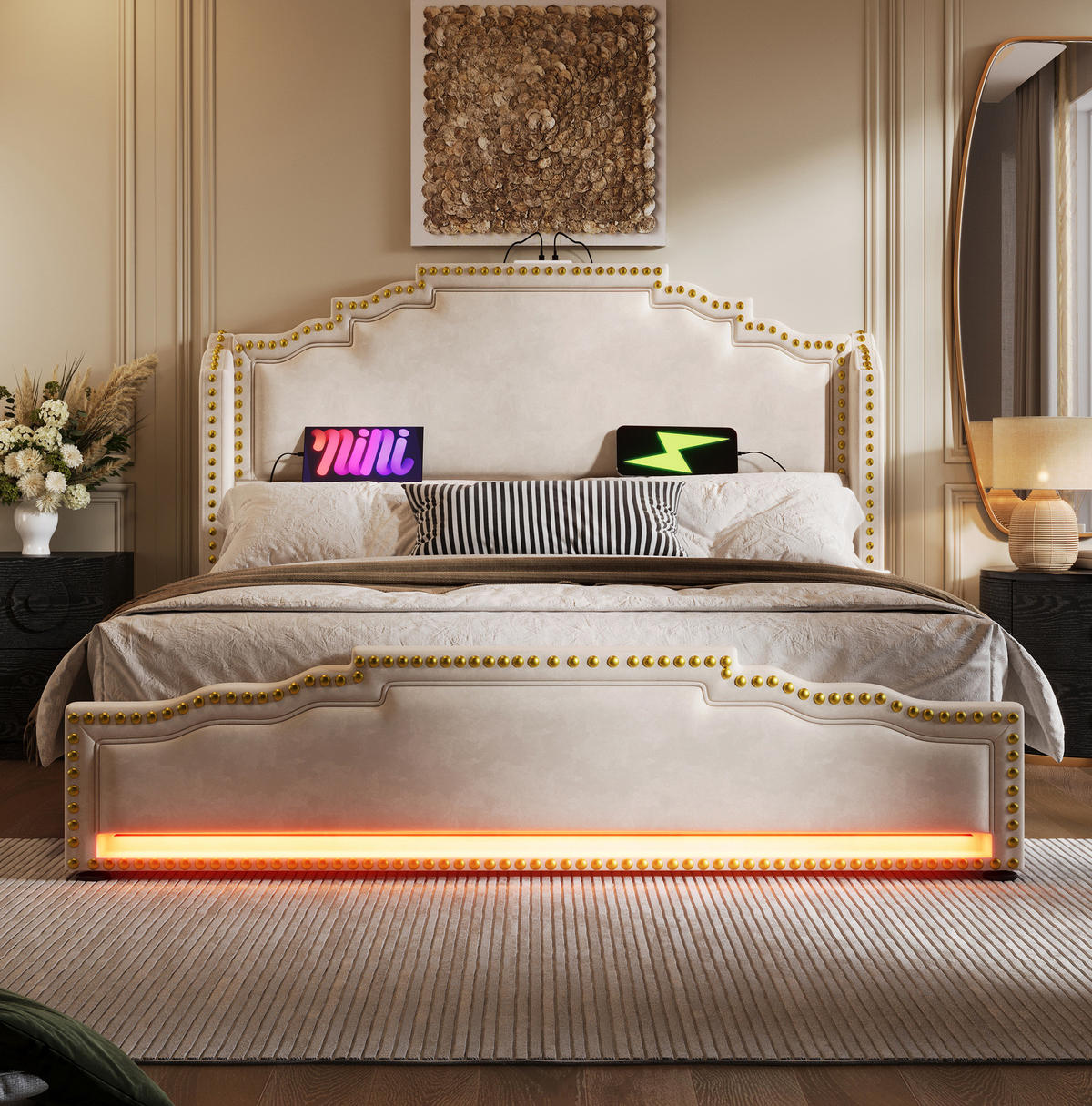 POLSTERBETT mit 4 Schubladen und LED 140x200 cm Samt Beige - Beige, Metall (140/200cm) - Meubliv