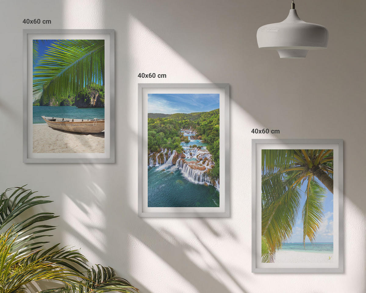 WANDBILDER 3er Set - 40x60 cm Silberner Rahmen - Strand, Boot, Wasserfälle, Palmen - Silberfarben, Kunststoff (40/60cm) - ArtPrintCave