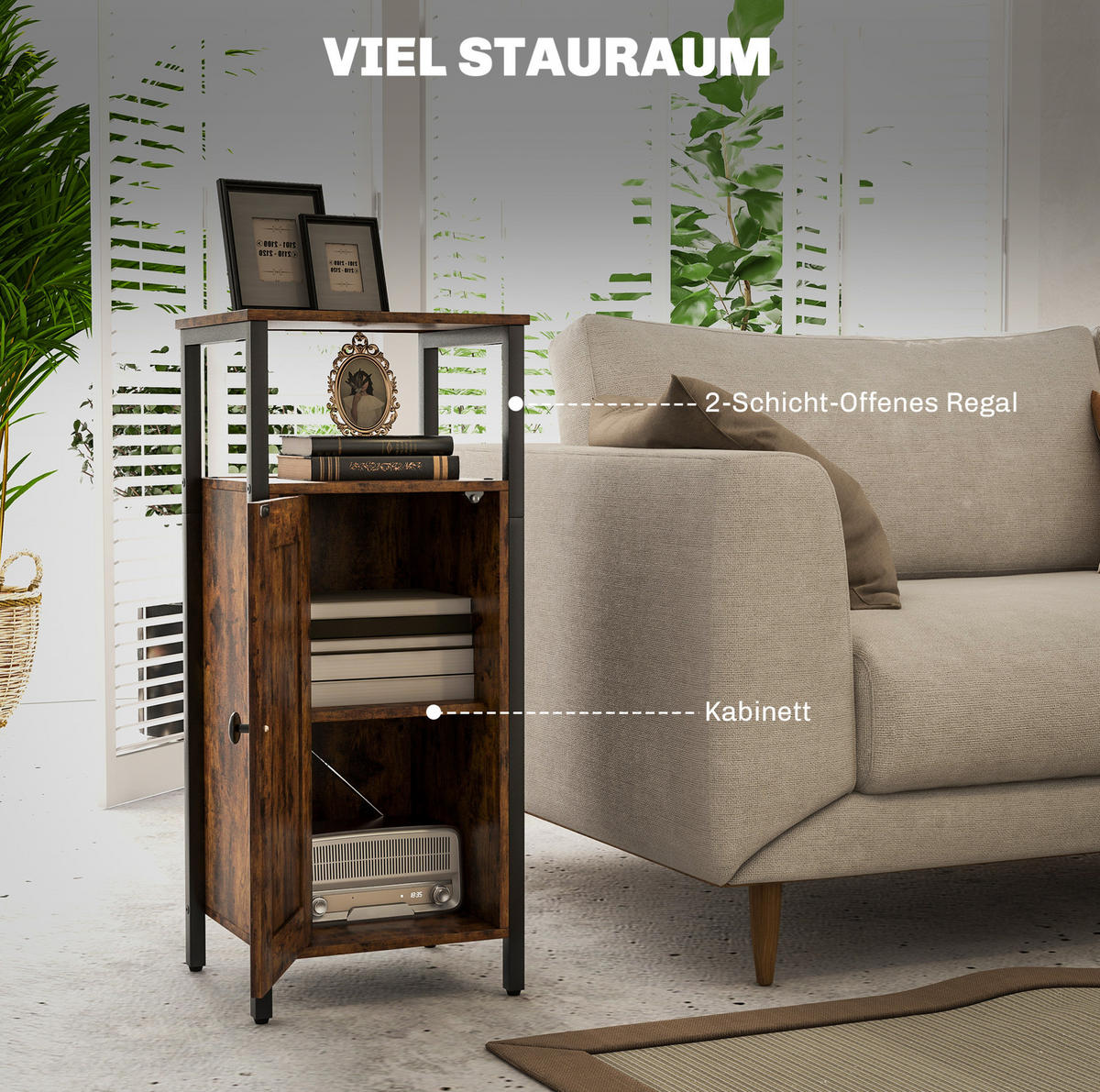 BEISTELLTISCH mit Schrank 34 x 30 x 80 cm Holzoptik Brown - Braun, Metall (34/30/80cm) - Meubliv