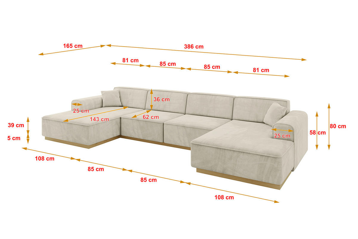 SEDACÍ SOUPRAVA ve tvaru U IREA-U2-v2 386x165x80 Béžová Velur - černá/ecru, kompozitní dřevo/textil (388/83/171cm) - ALTDECOR