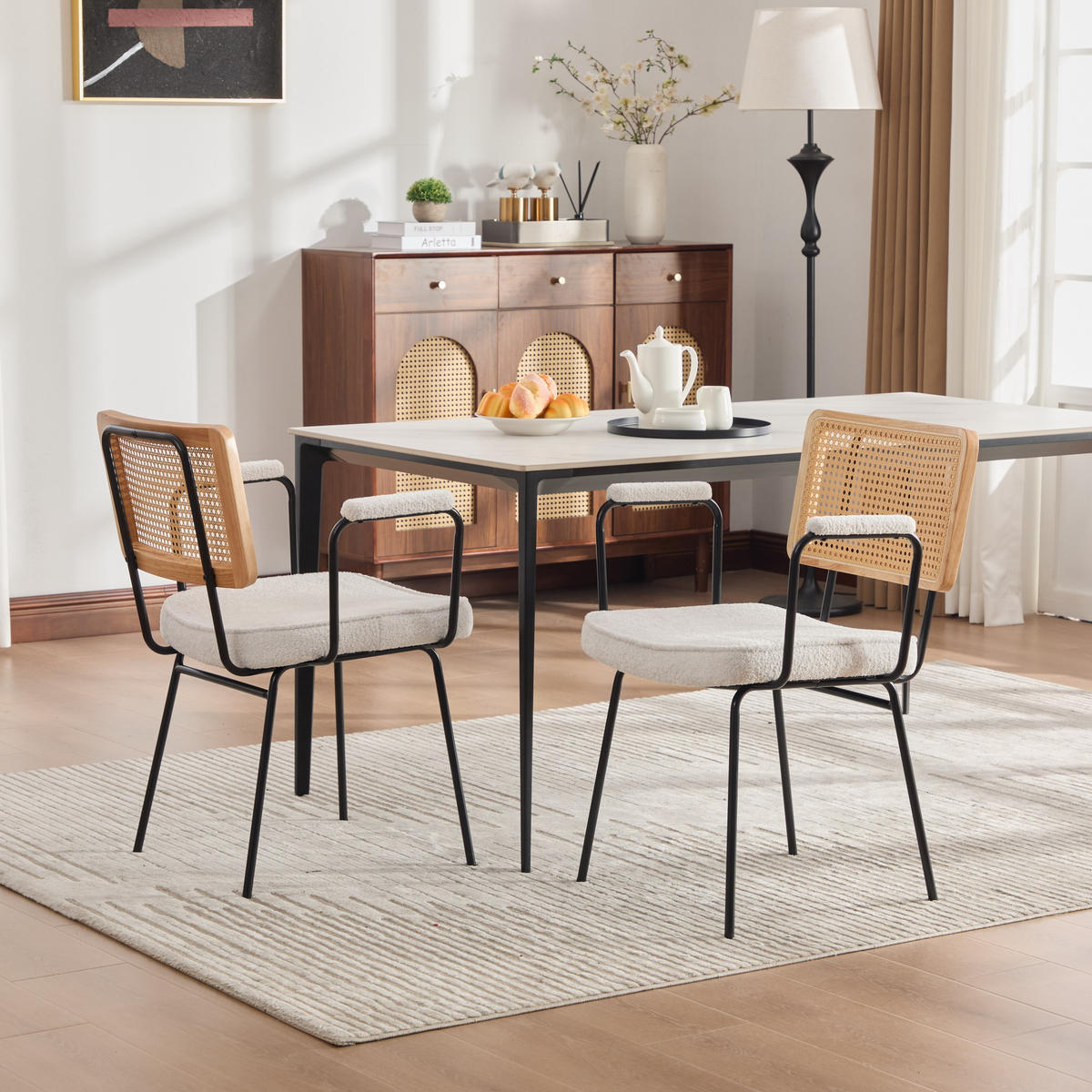 ESSZIMMERSTUHL 2er-Set, Elfenbein, Chenille, Rattan-Optik - Weiß, Textil/Metall (58/82/62.5cm)