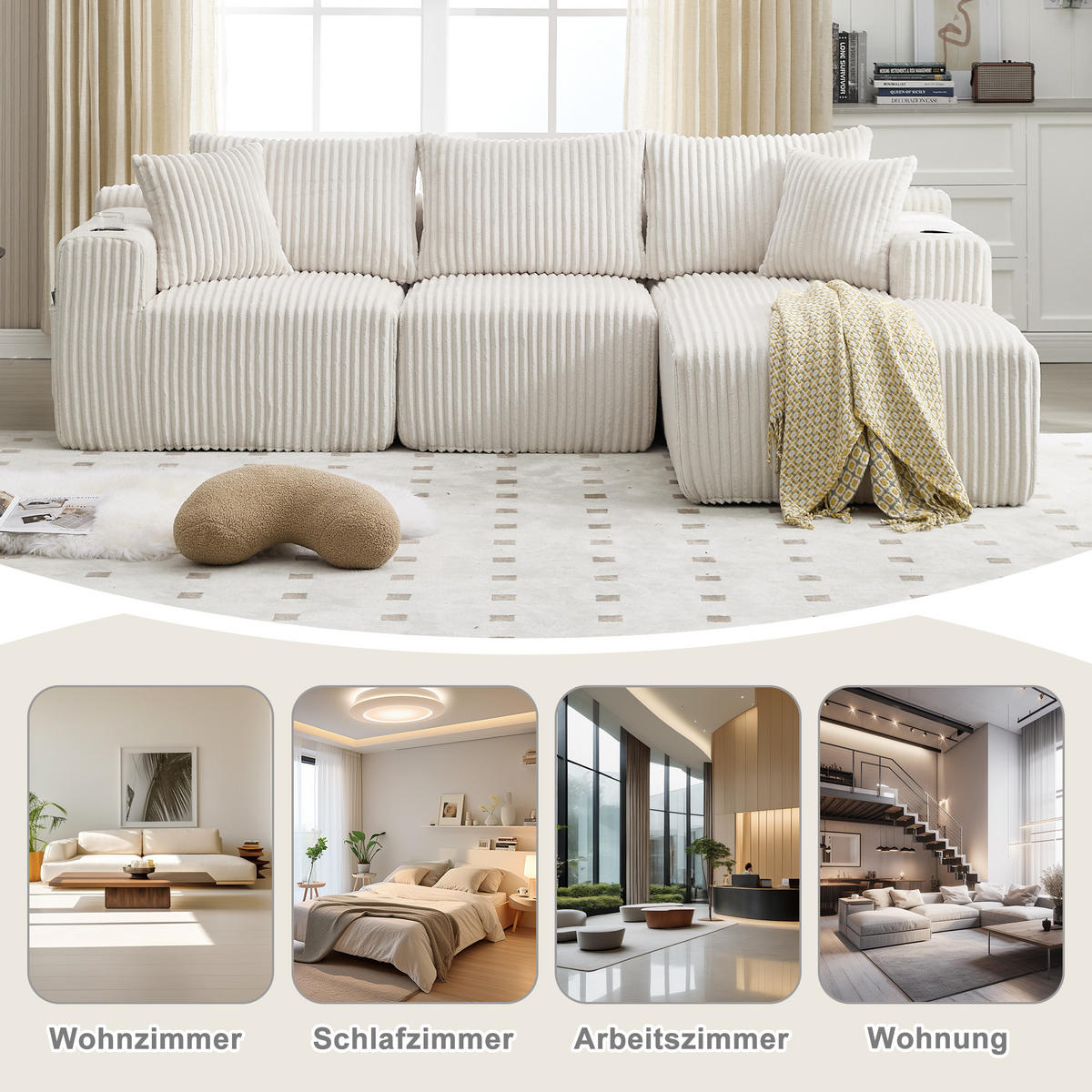 MODULARES Sofa Cord mit Chaiselongue und 2-Sitzer 257/90-160/62 cm Beige - Beige, Textil (160/257cm) - Redom