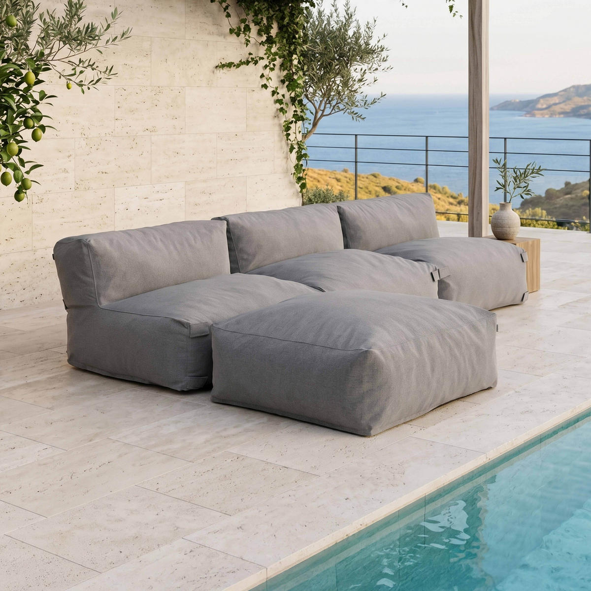 GARTENSOFA mit 4 Sitzplätzen, Grau - Grau, Textil - Oviala