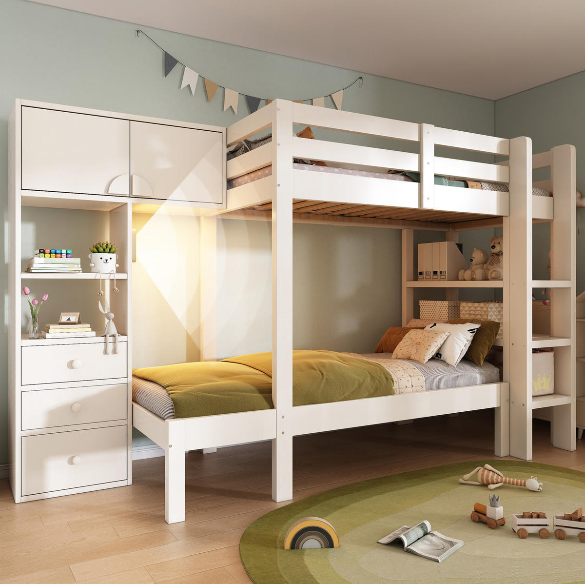 ETAGENBETT aus Massivholz und MDF 90x200 cm Weiß mit Nachtlicht, Schrank, Regal und Schubladen - Weiß, Metall (90/200cm) - Modfu