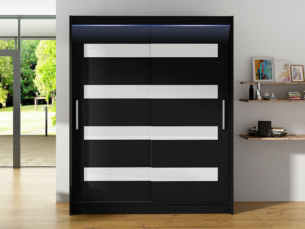 SCHWEBETÜRENSCHRANK Westa IV, mit RGB LED Beleuchtung - Silberfarben/Schwarz, Holzwerkstoff/Metall (150/200/58cm) - MIRJAN24