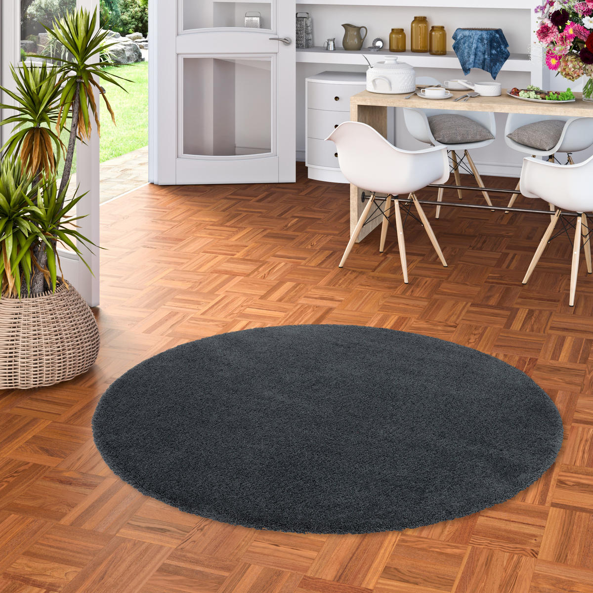 LUXUS HOCHFLOR LANGFLOR TEPPICH HARMONY RUND - Anthrazit, Textil (100/100cm) - Snapstyle