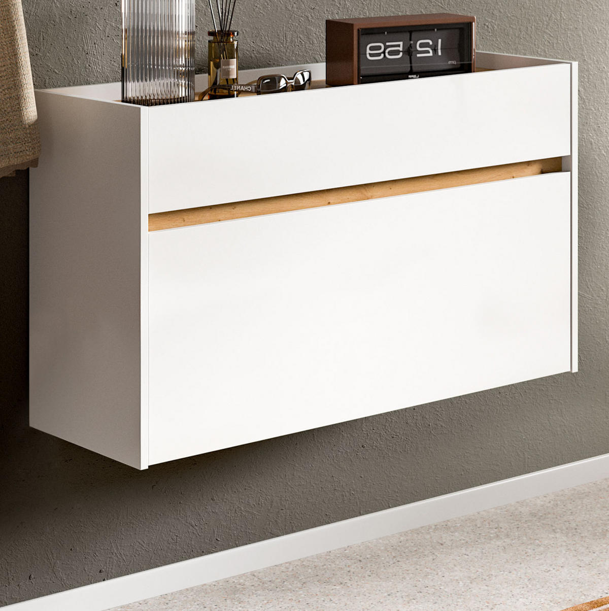 SCHUHKIPPER weiß und Artisan Eiche, Schuhschrank hängend 110 x 61 cm, Borga - Weiß/Eiche Artisan, Holzwerkstoff (110/61/32cm) - Inn.Furn