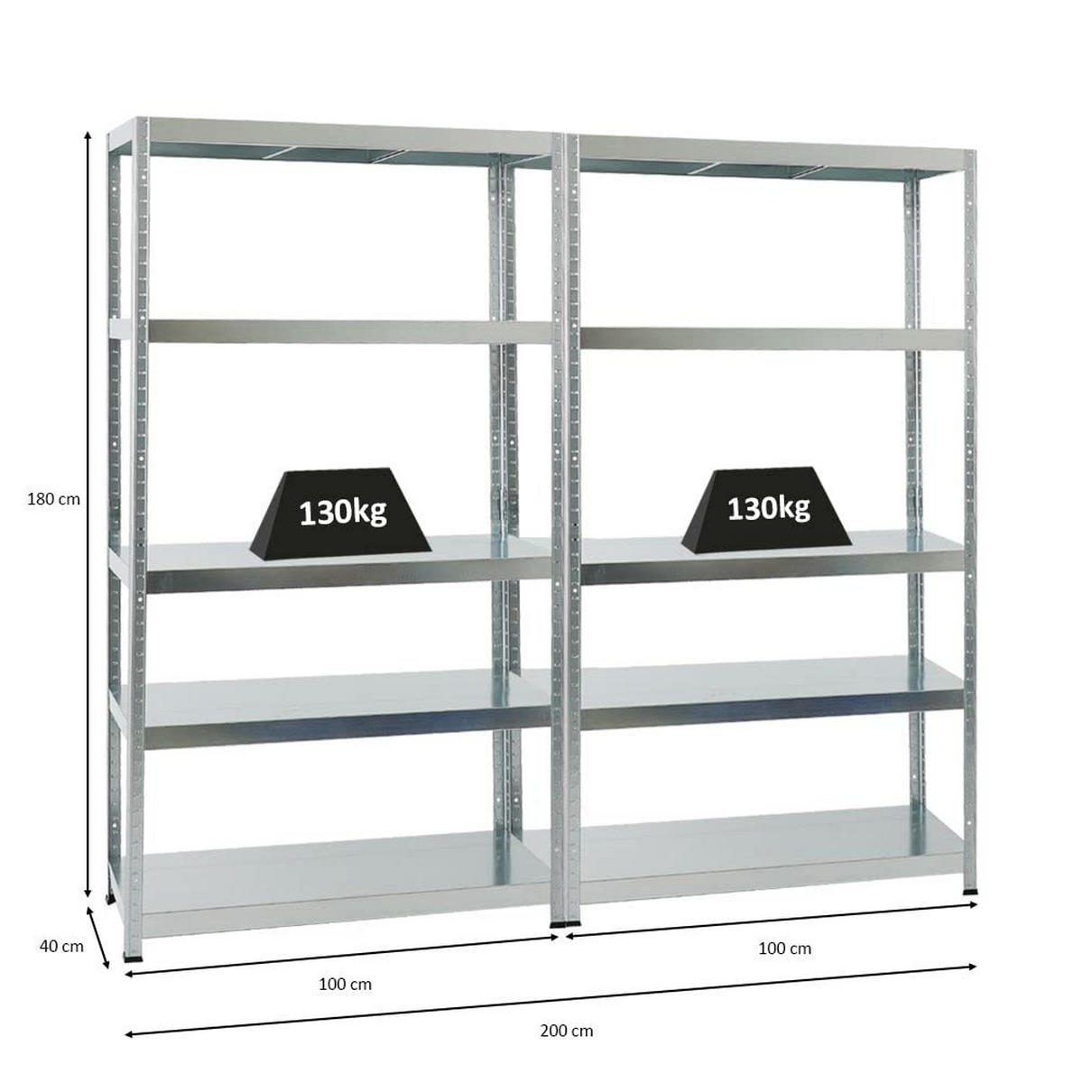 SCHWERLASTREGAL Steel Eagle 2er-Set mit 2x 180x100x40 cm Fachlast 130 kg Verzinkt - Silberfarben, Metall (200/180/40cm) - PROREGAL