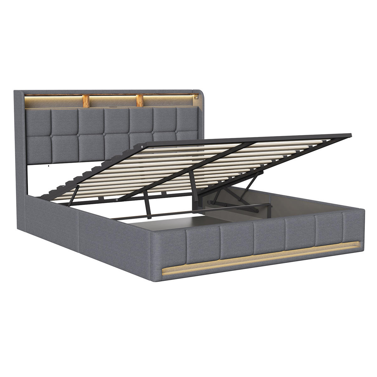 POLSTERBETT 160x200 cm LED USB C Hydraulik Stauraum Metall grau - Grau, Holz (160/200cm) - LEBENLANG