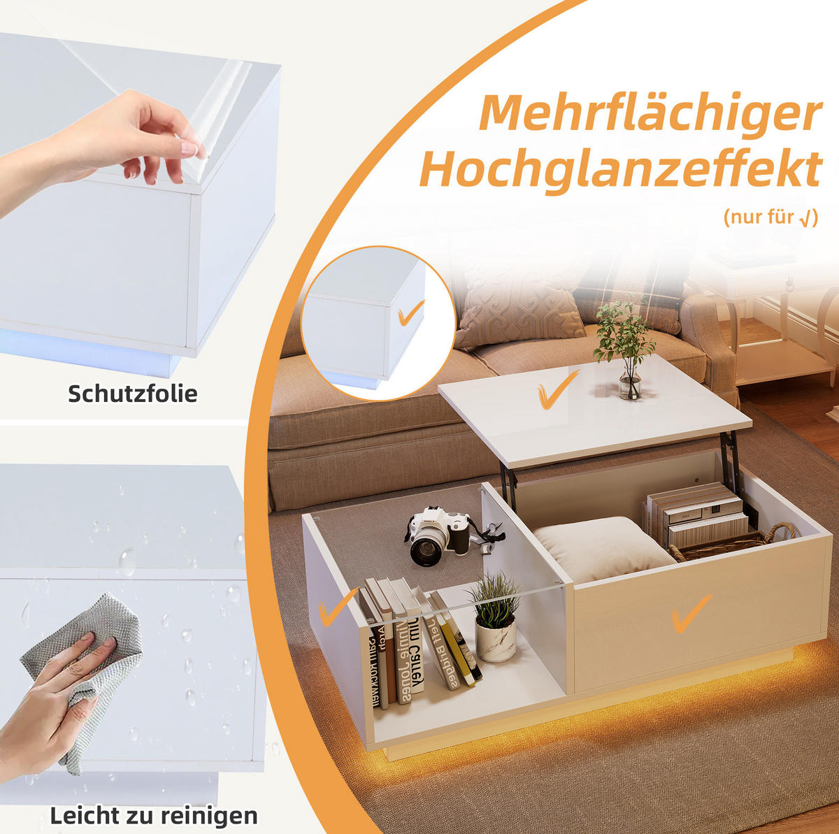COUCHTISCH 100/50/33 cm weiß aus Spanplatte mit LED-Beleuchtung und höhenverstellbarer Platte - Weiß, Holzwerkstoff (100/50/33cm) - OKMYHOME