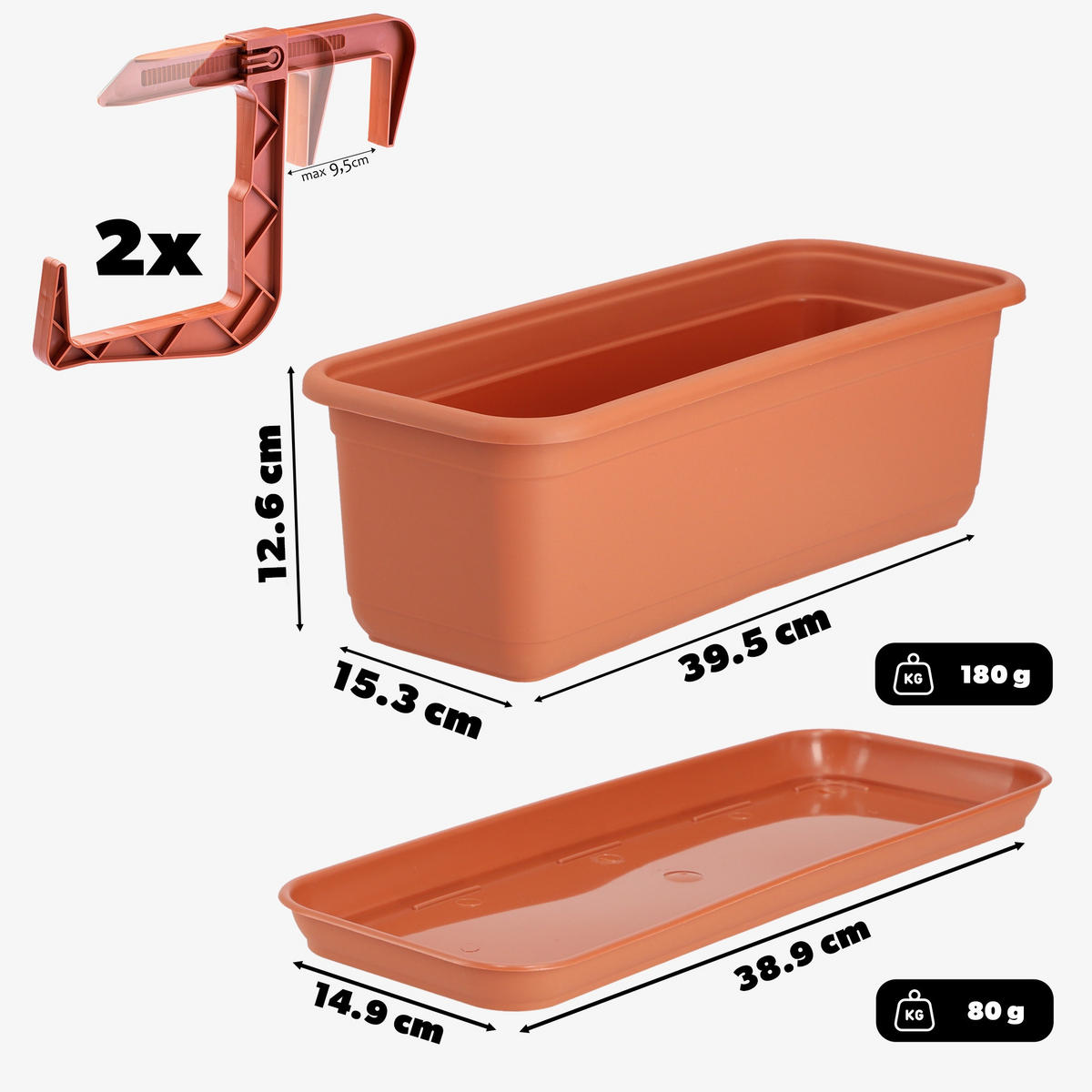 BALKONKASTEN mit Untersetzer und Griffen 40 cm, Terrakotta - Terracotta, Kunststoff (15/40cm) - KADAX