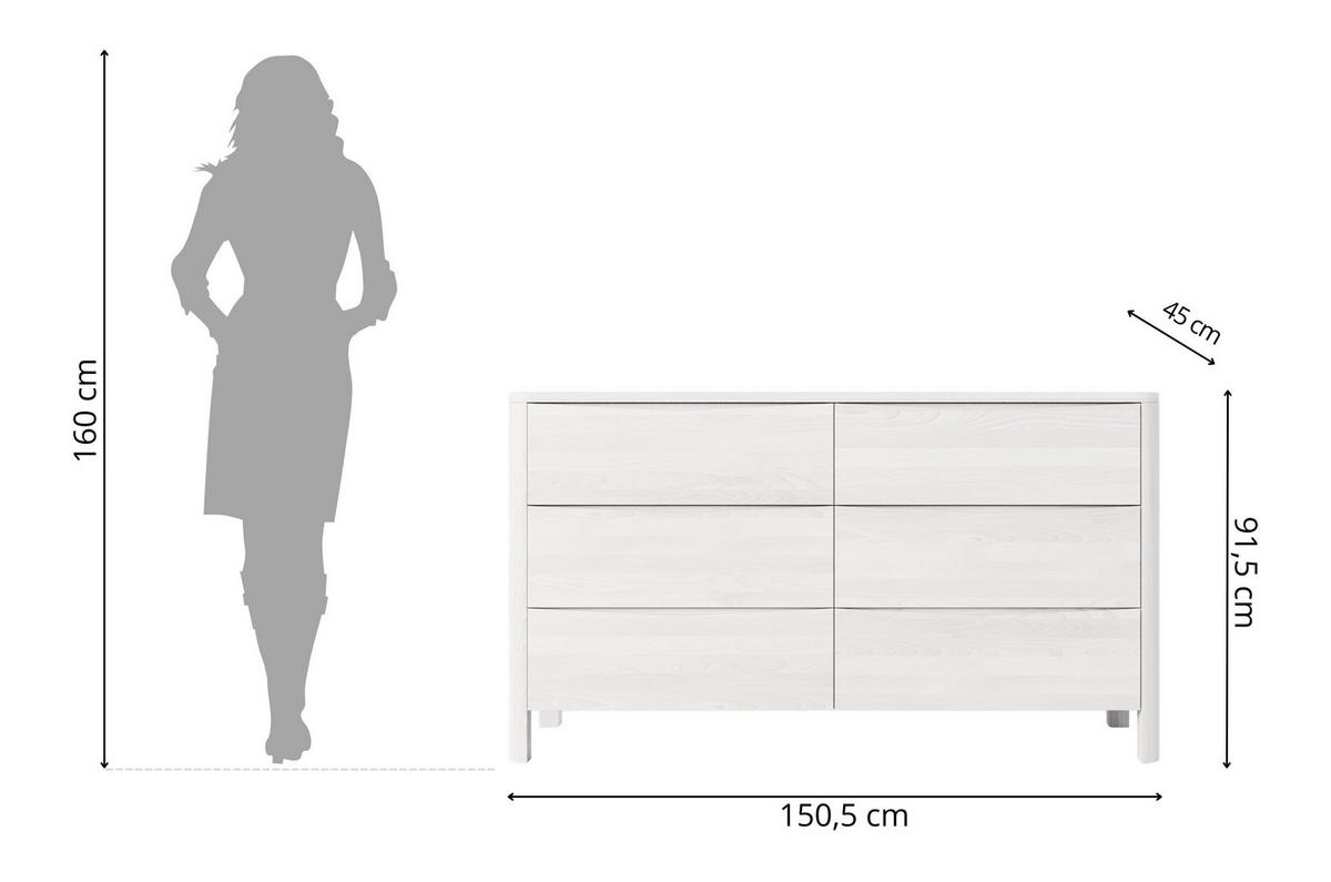 HOLZKOMMODE Modena Low 150, Weiß - Weiß, Holz/Buchenholz (150.5/91.5/45cm) - Visby