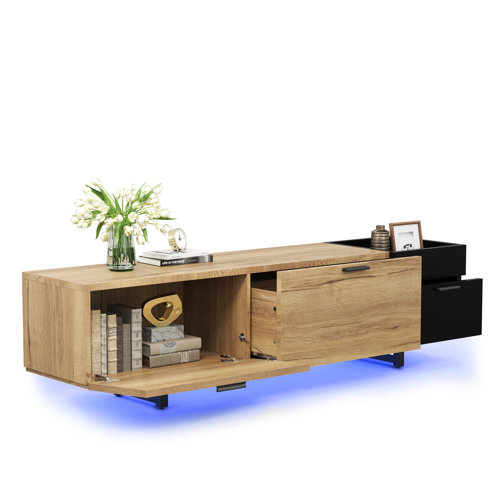 TV-SCHRANK 180/38/49 cm schwarz aus Holzwerkstoff mit LED-Beleuchtung - Schwarz, Holzwerkstoff (180/49/38cm) - OKWISH