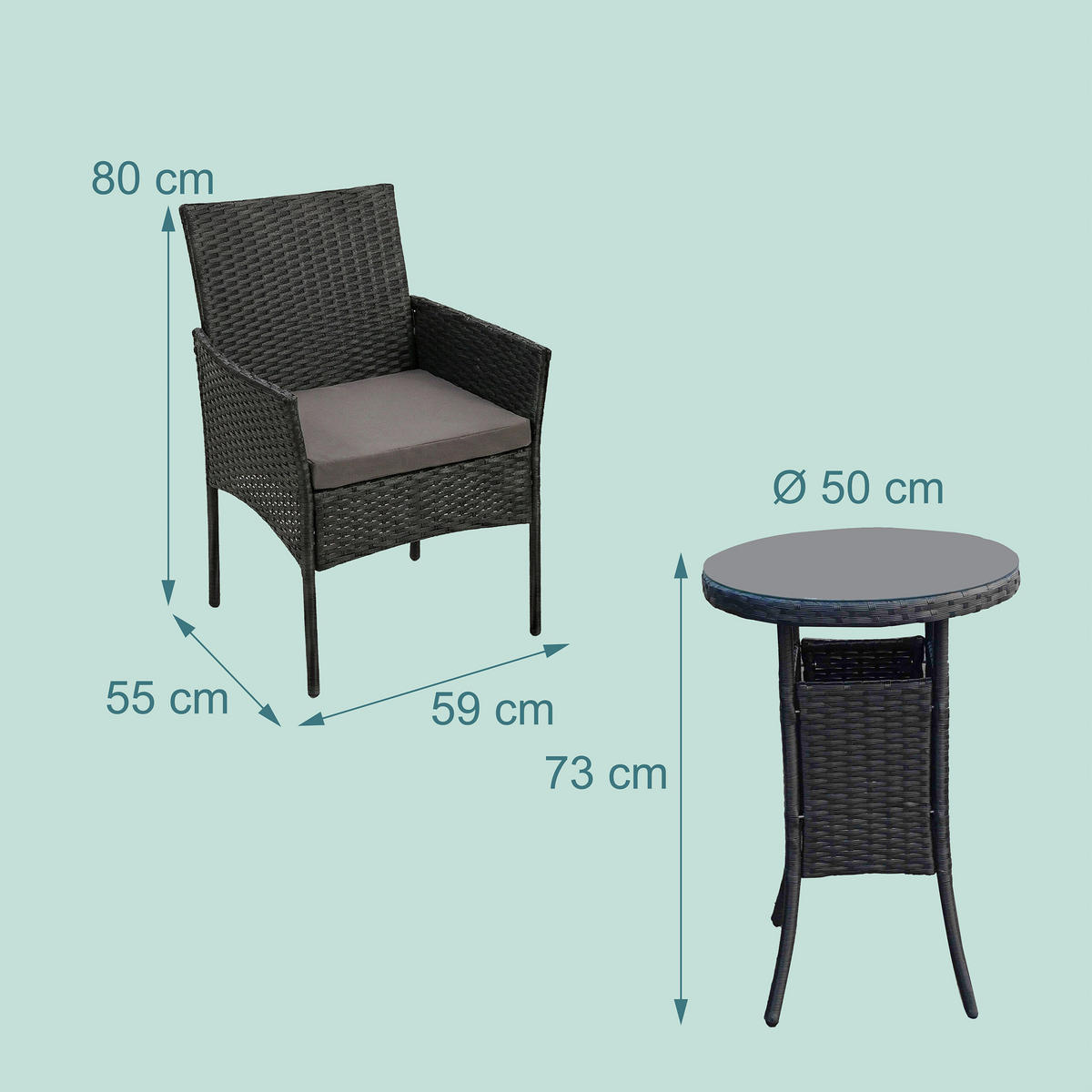 3-TLG.GARTENMÖBEL-SET - Schwarz, Glas/Kunststoff - Relaxdays