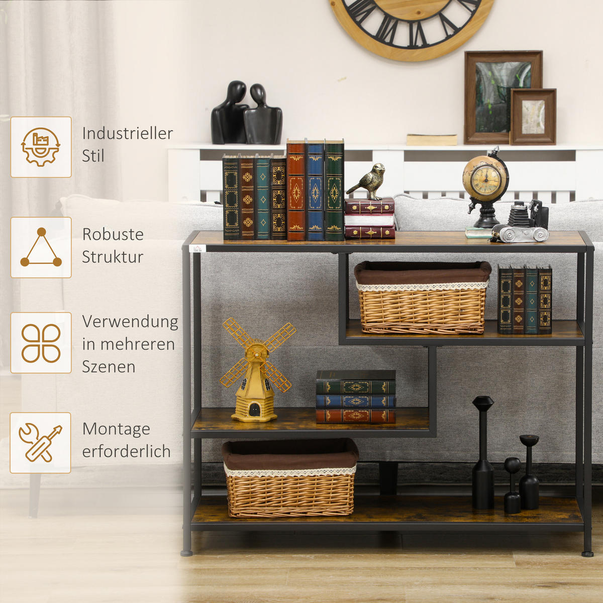 KONSOLENTISCH, 99,6L x 33,6B x 74H cm - Schwarz/Braun, Holzwerkstoff/Metall (99.6/33.6/74cm) - HOMCOM