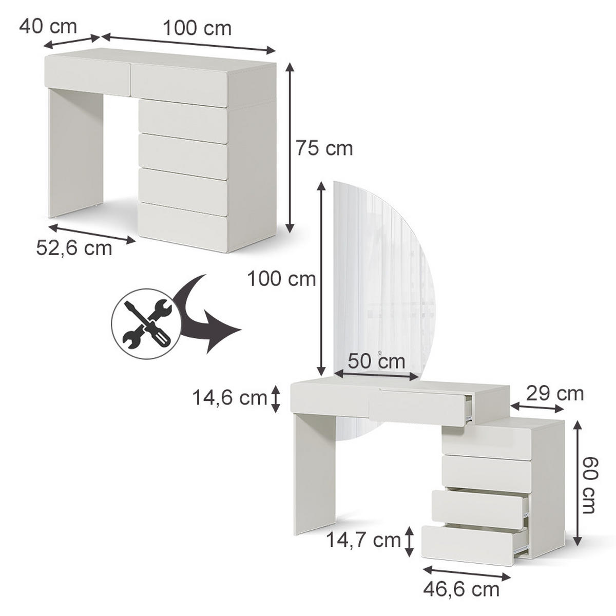SCHMINKTISCH Alvia, Weiß, 100 cm mit LED-Spiegel - Weiß, Holzwerkstoff (100/75/40cm) - Vicco