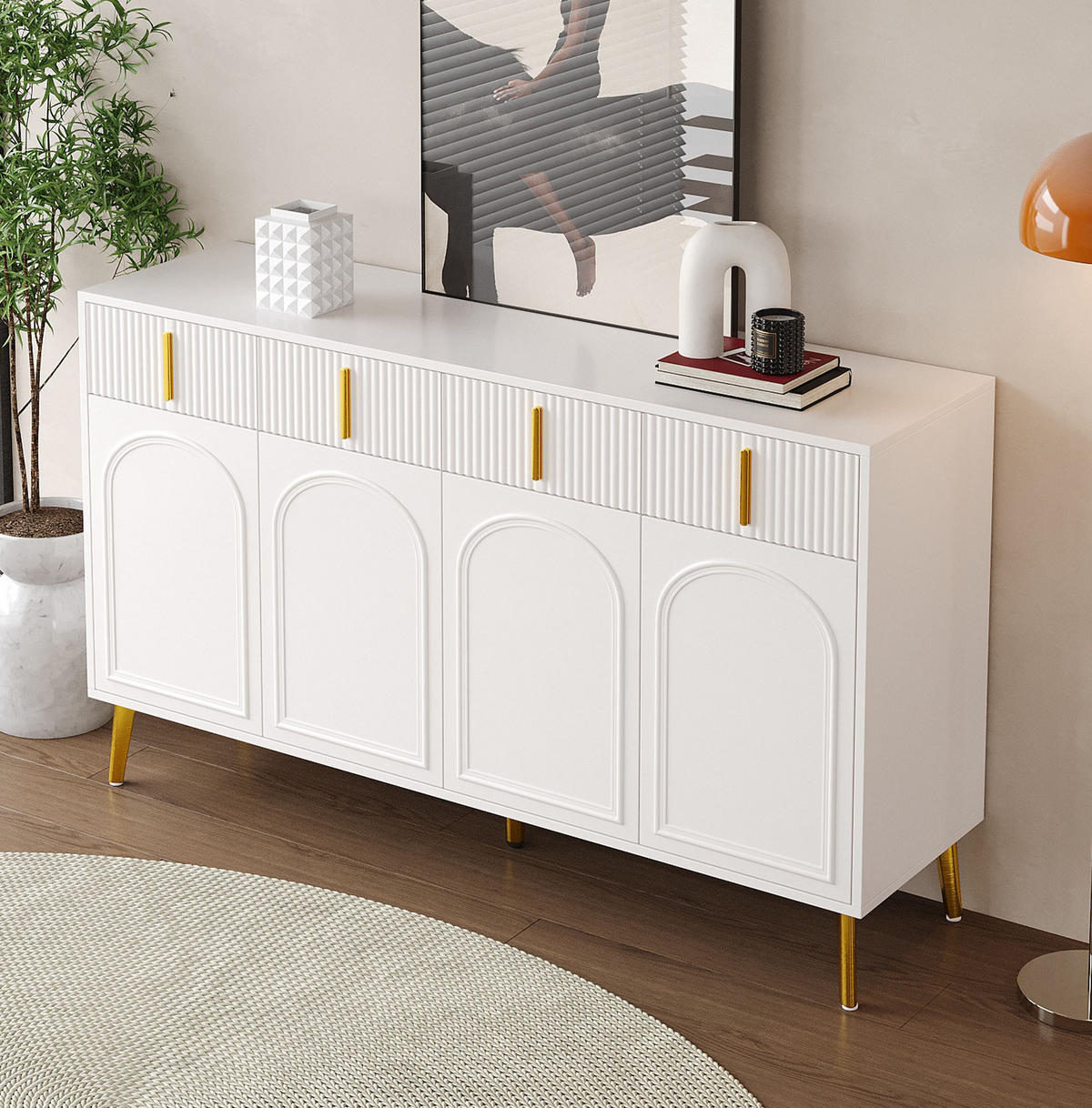 SIDEBOARD 140/38/82 cm Weiß aus MDF mit 4 Türen und 4 Schubladen - Weiß, Holzwerkstoff (140/82/38cm) - OKWISH