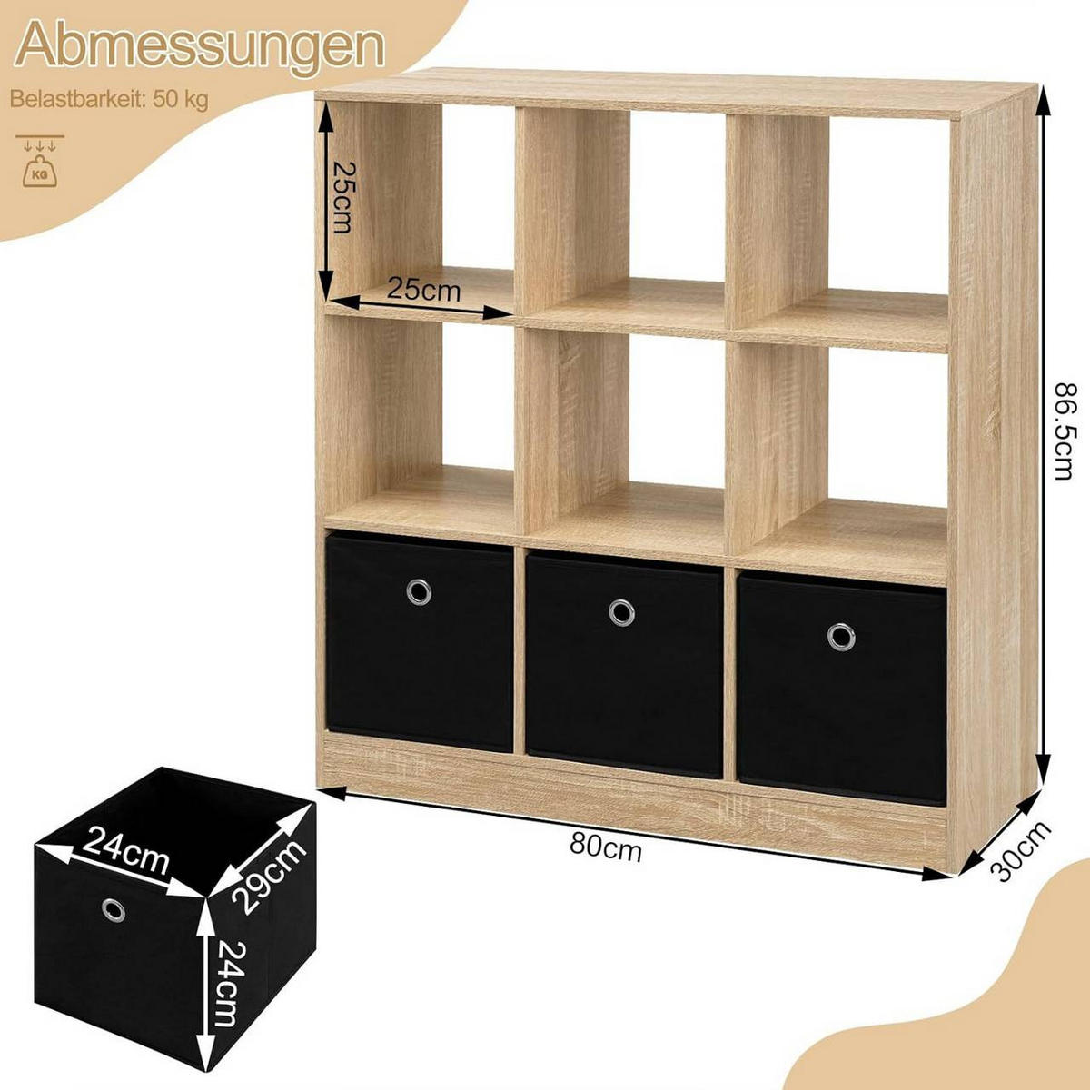 BÜCHERREGAL mit 9 Fächern, 80x86.5x30 cm, Helle Eiche - Eichefarben, Holzwerkstoff/Textil (80/86.5/30cm) - Woltu