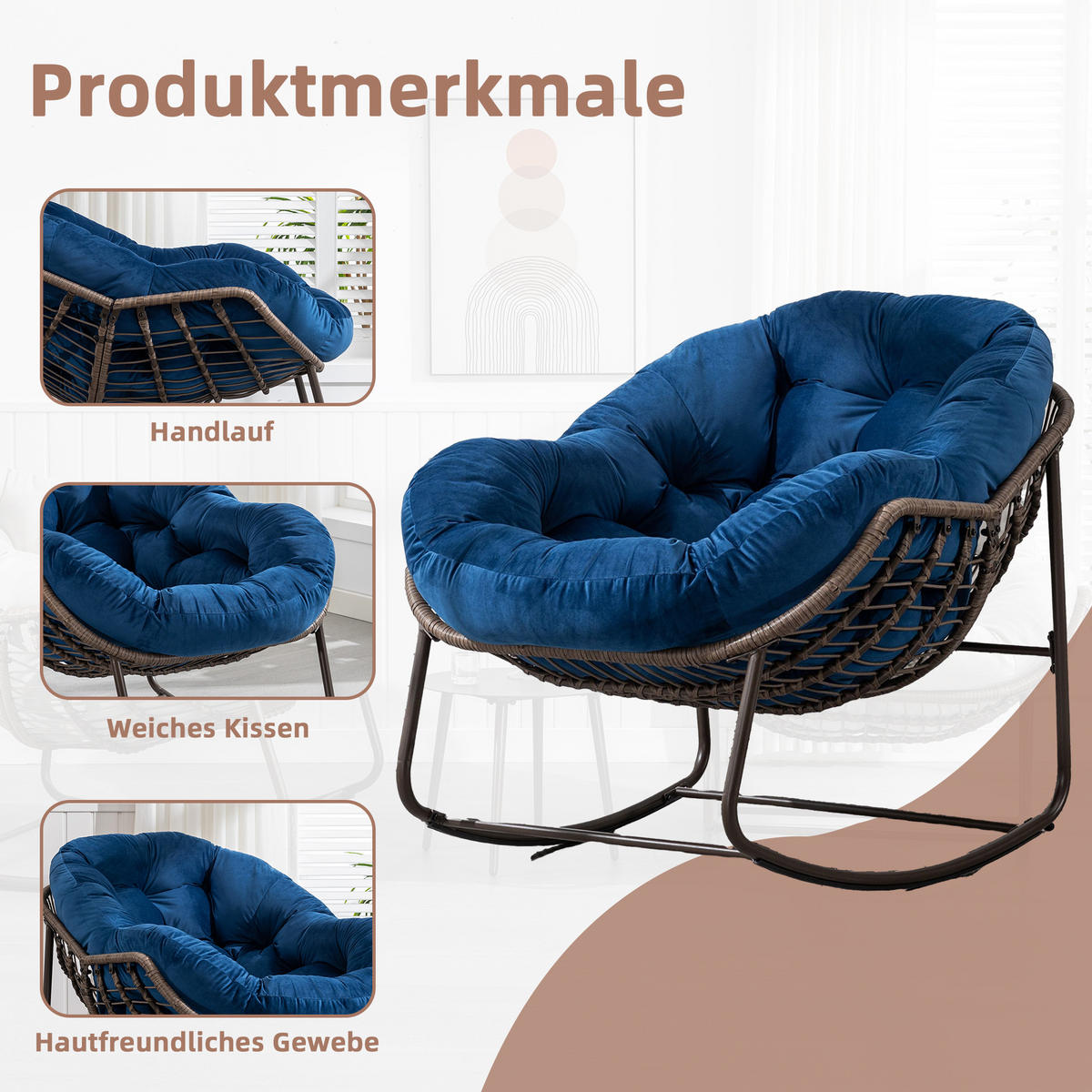 SCHAUKELSTUHL Schaukelsessel Garten,Rattanstuhl mit Stahlrahmen,Blau-Samt - Blau, Metall (94.5/80/111cm) - LVHOM